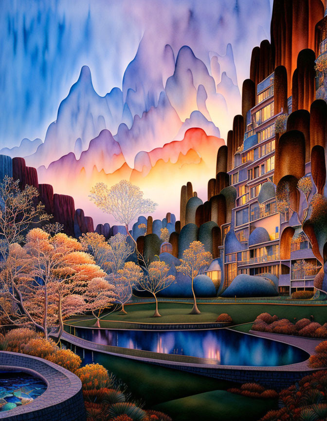 Vibrant surreal landscape painting: terraced cliffs, reflective water, colorful sky