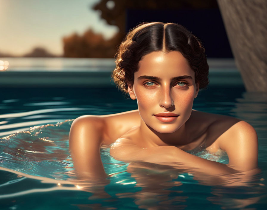 Digital artwork: Woman with dark hair and blue eyes swimming in pool at golden hour