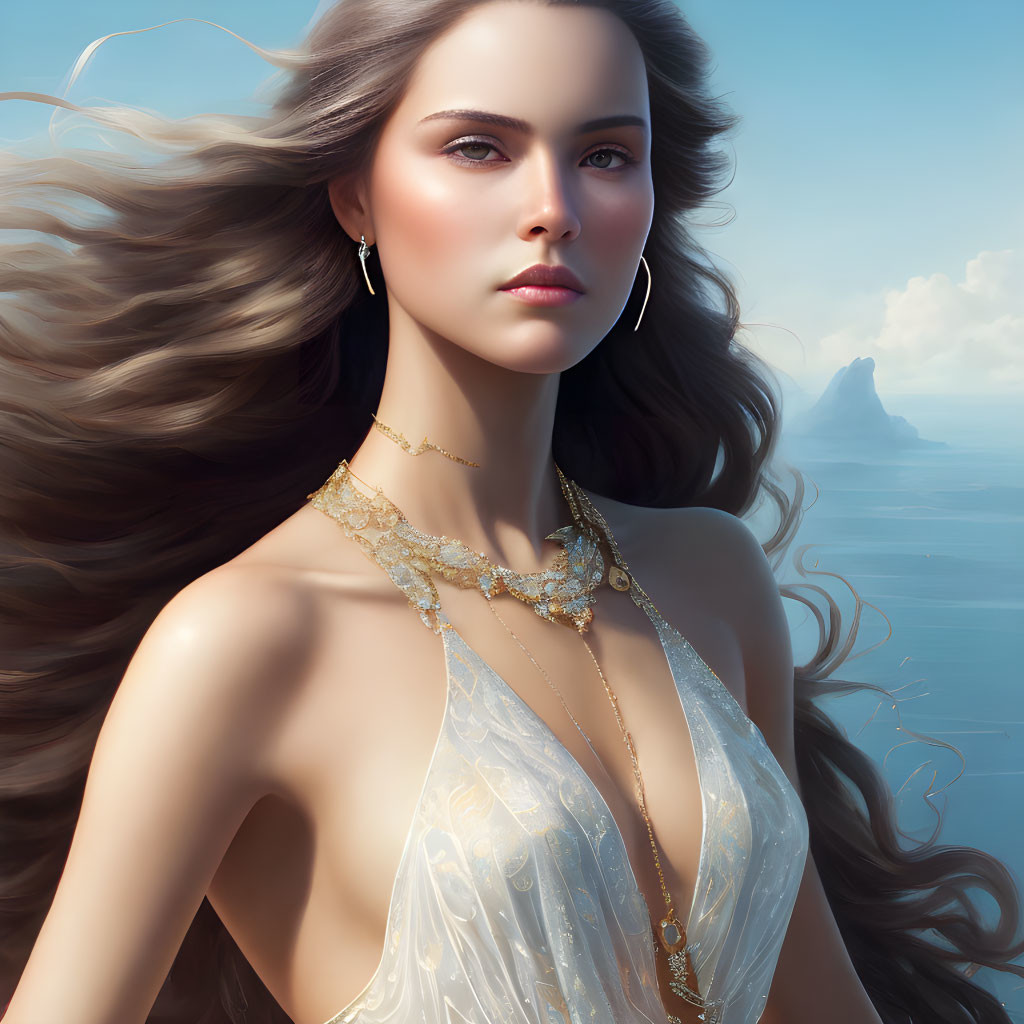 Portrait of Woman with Flowing Hair, Jewelry, Off-Shoulder Dress, Cloudy Sky,