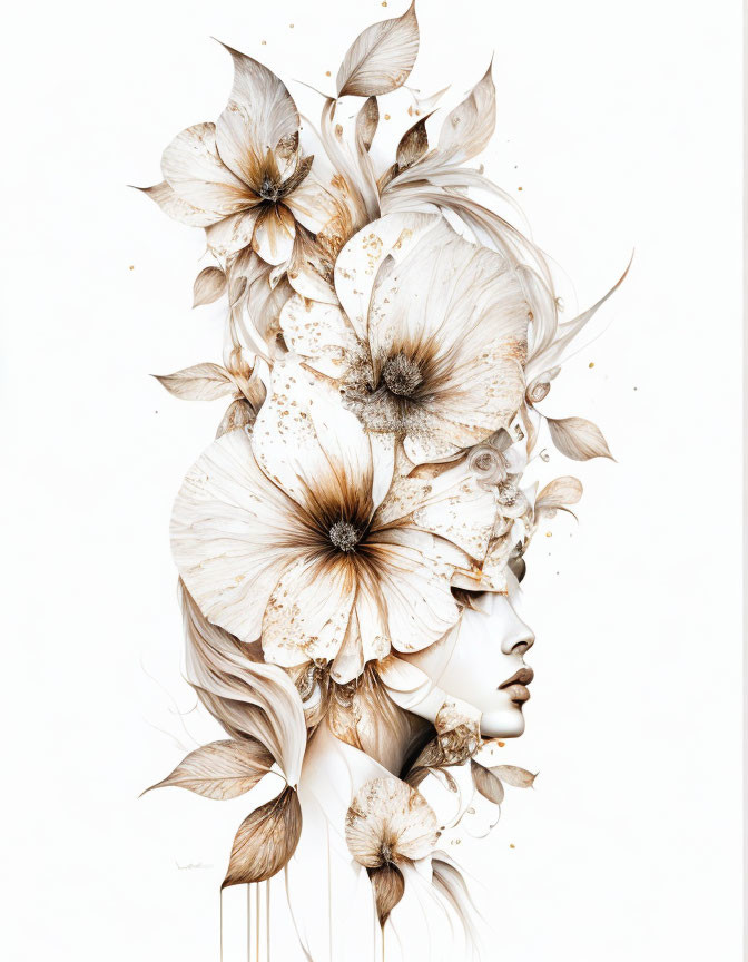 Monochromatic woman profile with intricate floral hair illustration