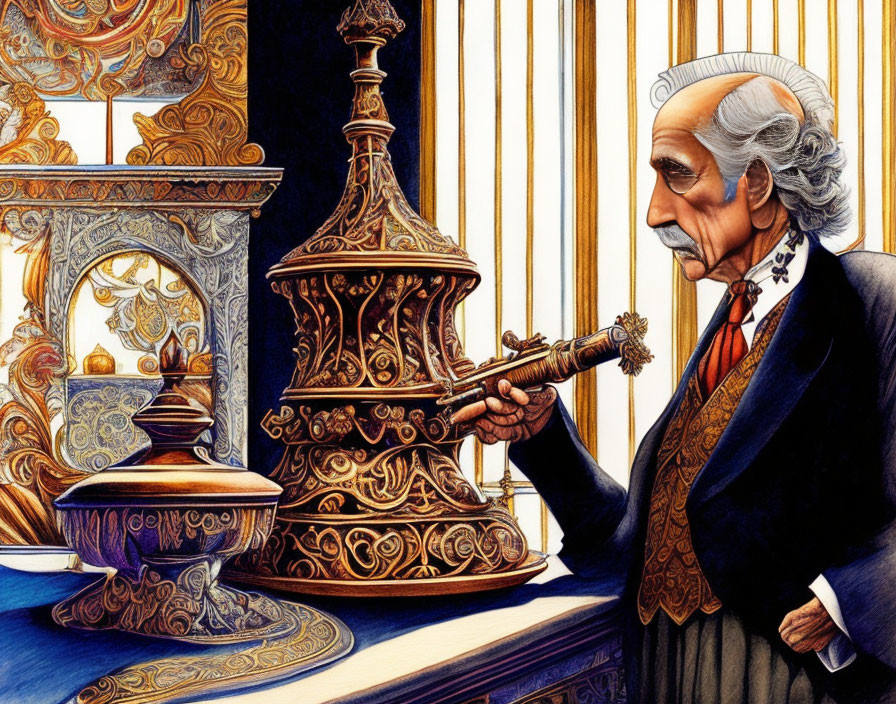 Elderly man with mustache holding building model beside ornate table