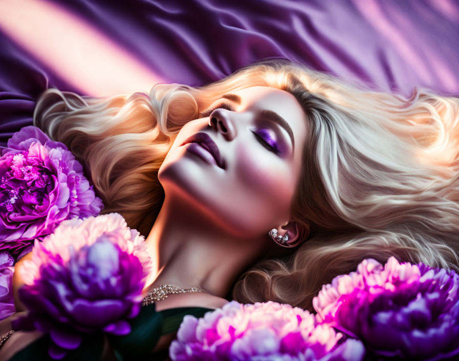 Blonde woman on purple backdrop with dramatic makeup and jewelry