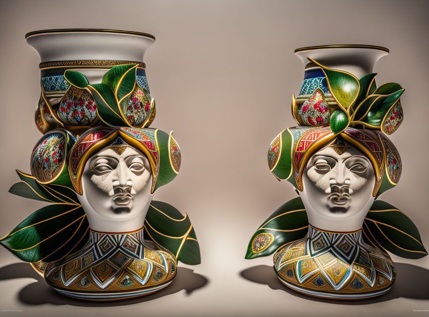 Ornate ceramic vases: stylized female heads with leaf motifs