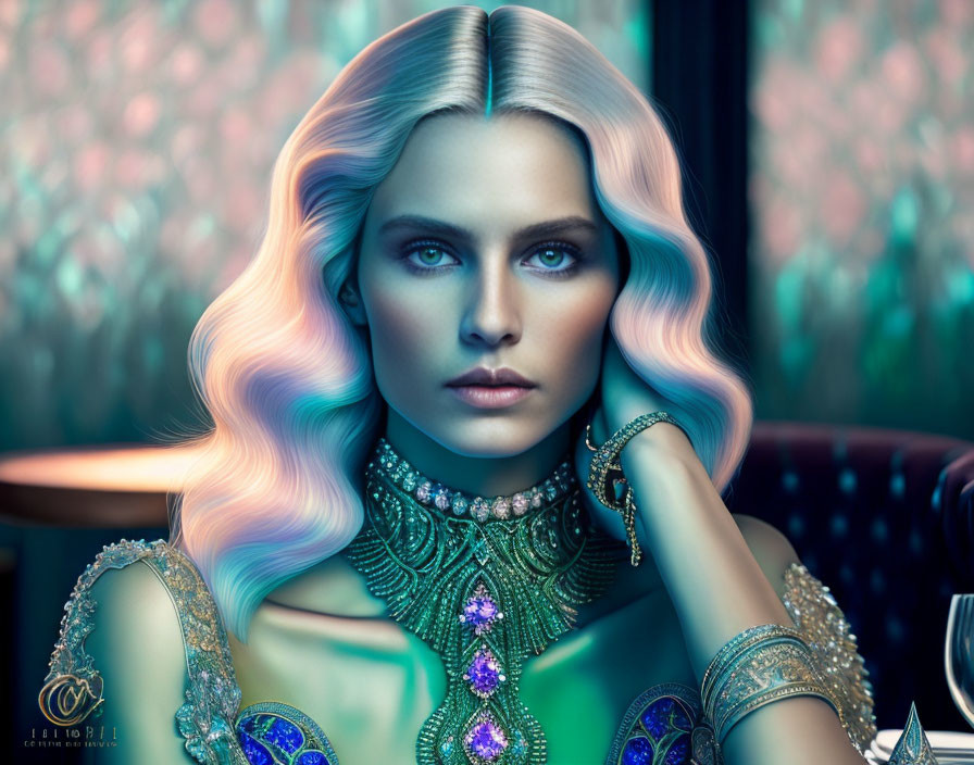 Woman with Pastel Rainbow Hair and Blue Eyes in Ornate Jewelry and Beaded Dress