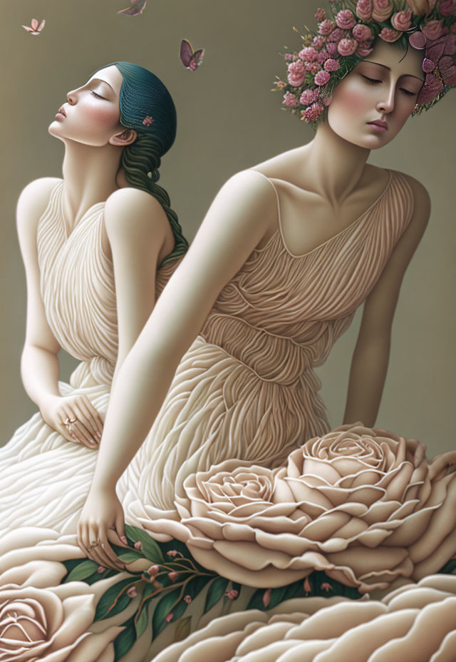 Illustration: Two women in beige dresses with closed eyes surrounded by roses and floral headpiece.