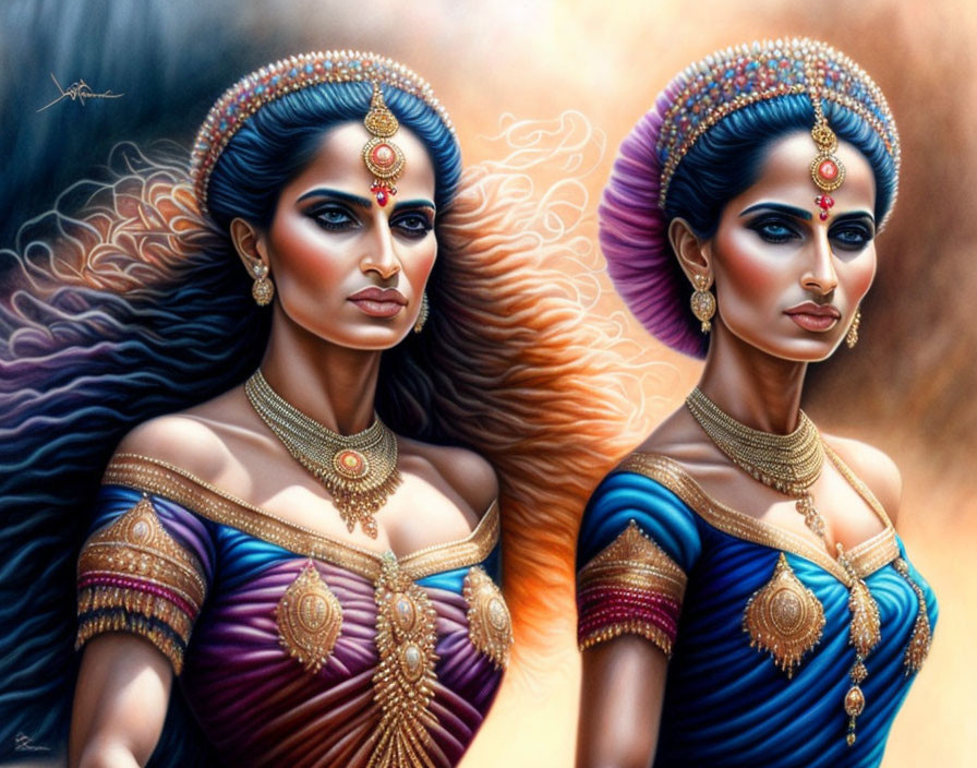 Traditional Indian Attire: Two Women in Ornate Jewelry & Elaborate Hairstyles