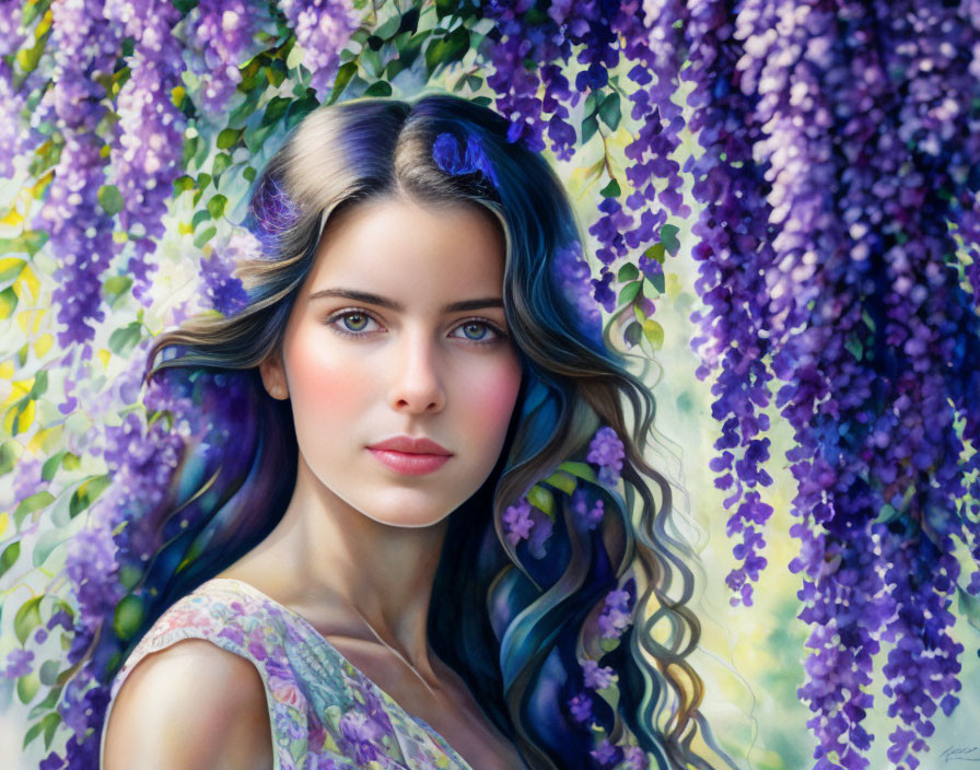 Portrait of young woman with blue streaked wavy hair and purple wisteria blooms