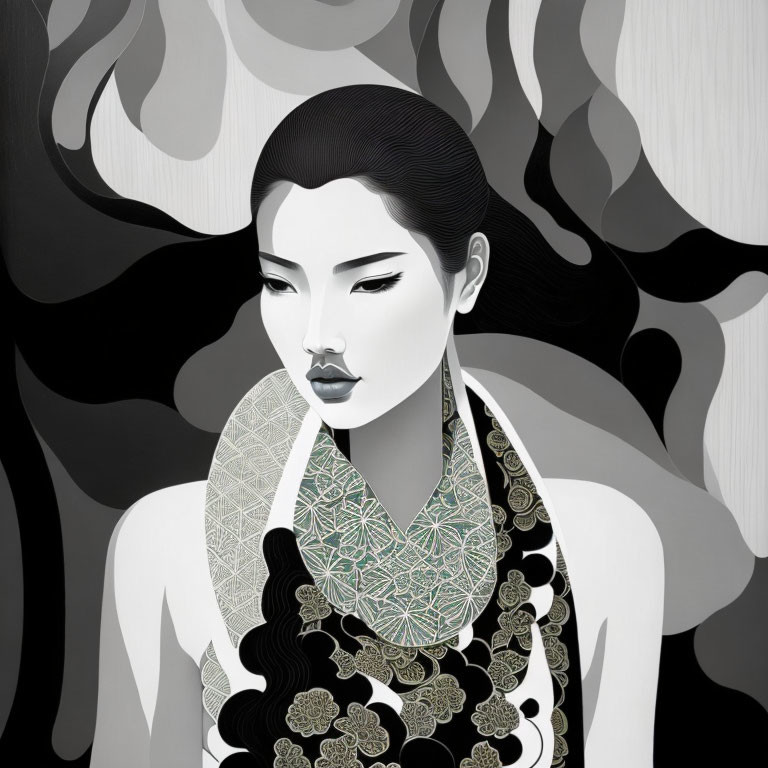 Monochrome illustration of woman with flowing hair and intricate accessories