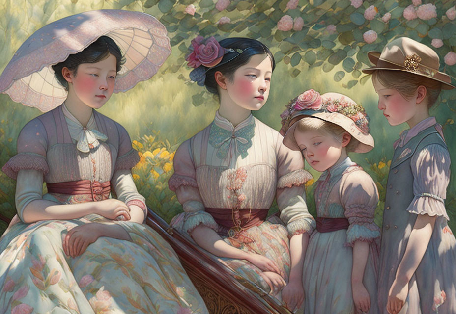 Vintage Style Painting: Four Females Among Flowers