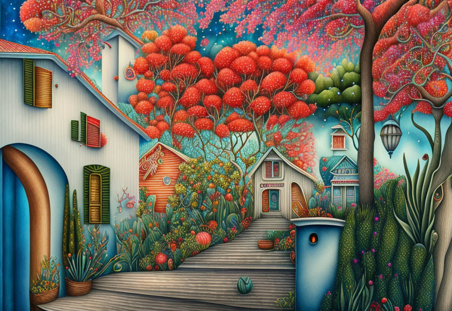 Vibrant whimsical village illustration with colorful trees and unique houses