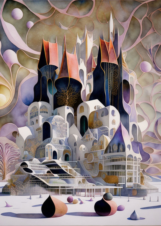 Fantastical surreal painting of castle-like structure in pastel tones