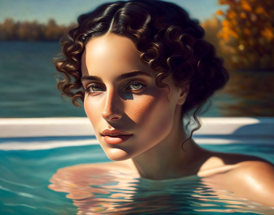 Woman with Curly Hair in Water Surrounded by Autumn Foliage