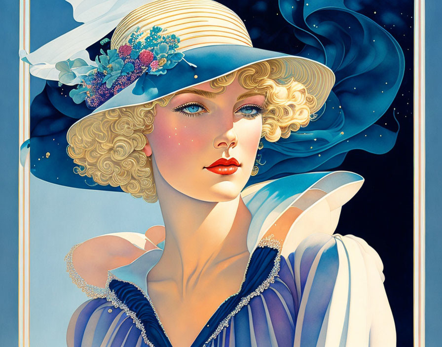 Blonde woman in blue hat and outfit with floral details