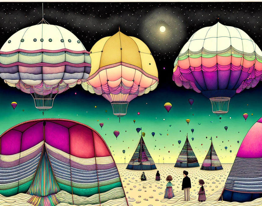 Vibrant fantasy landscape with hot air balloons, starry sky, pyramids, and striped hills