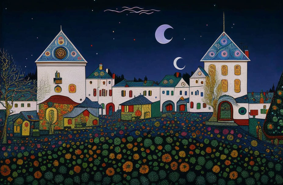 Colorful Stylized Village Painting: Crescent Moons, Starry Sky, Floral Foreground