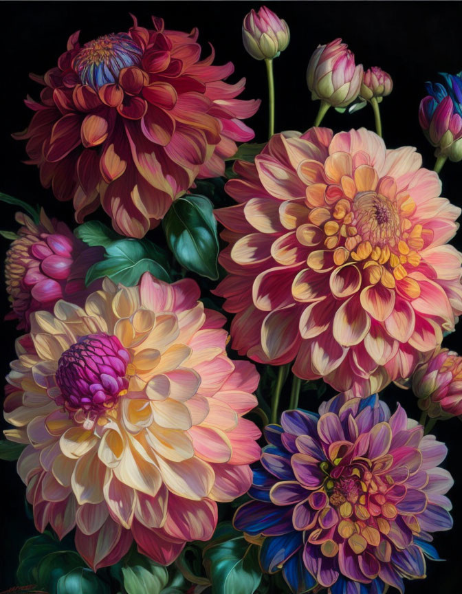 Colorful Dahlia Flower Painting with Detailed Petals on Dark Background