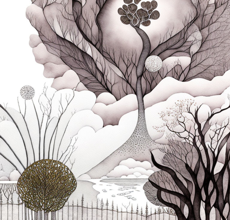 Detailed Monochrome Nature Scene Illustration with Trees, Plants, and River