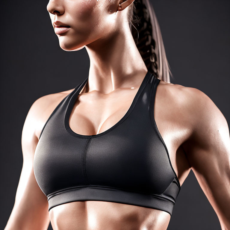 Fit woman in black sports bra showcasing toned physique and strength