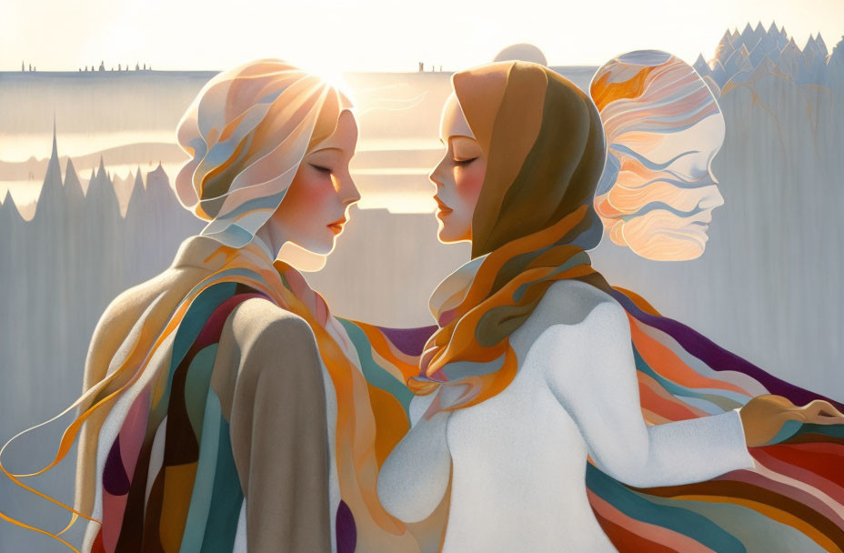 Stylized female figures with colorful scarves in serene setting