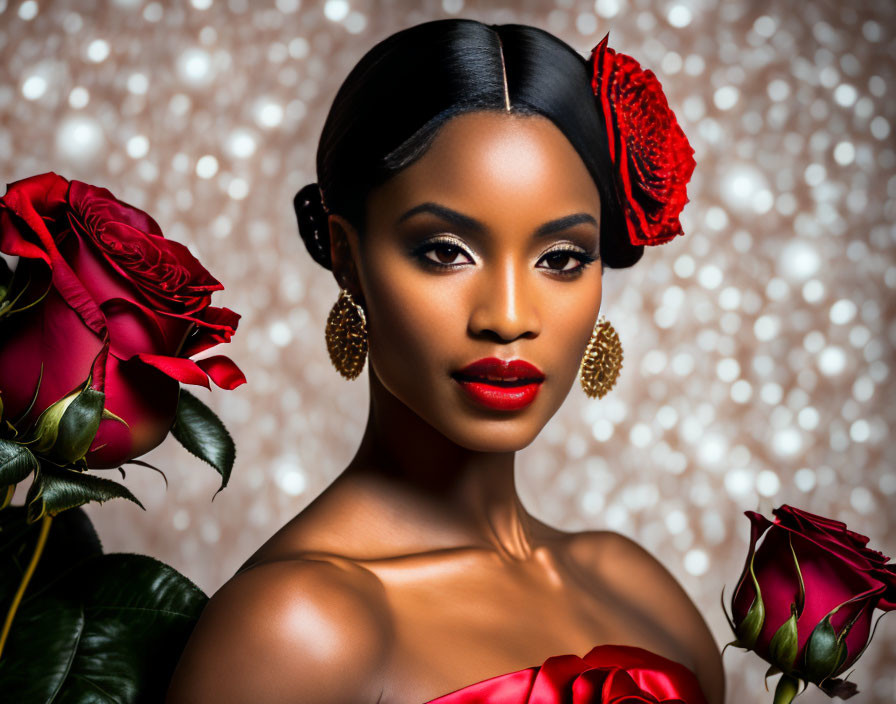 Stylish woman with red flower in sleek hairstyle, gold earrings, holding red roses on sparkly