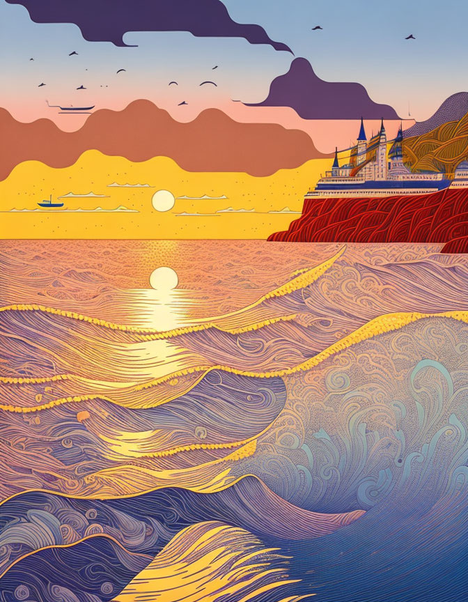 Vibrant sunset scene with stylized sea, waves, birds, hills, and temple