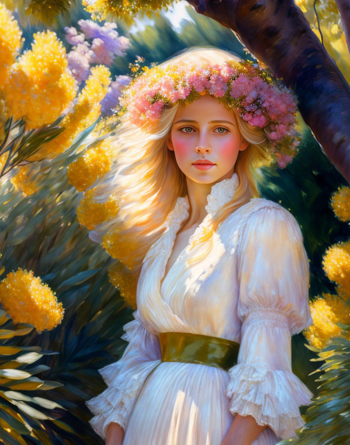 Portrait of young woman with floral wreath among yellow blossoms in sunlight