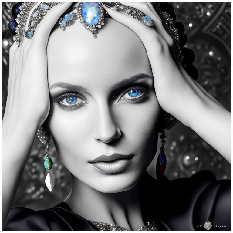 Monochrome portrait of woman with blue eyes and gemstone jewelry on patterned backdrop