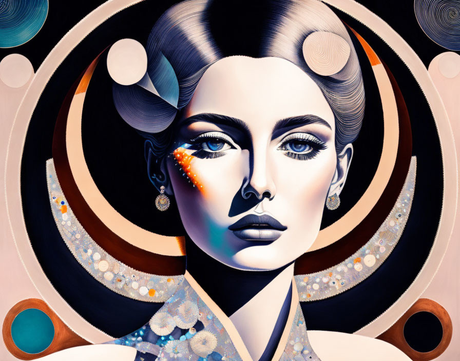 Illustration of woman with stylized features on abstract concentric circles background.