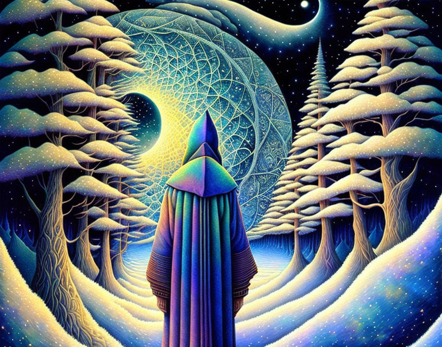 Cloaked figure in snowy forest gazes at moon mandala