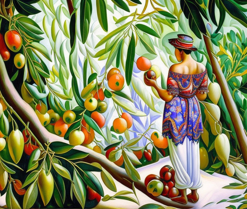 Colorful painting of person in blue outfit picking fruit from green trees under bright light