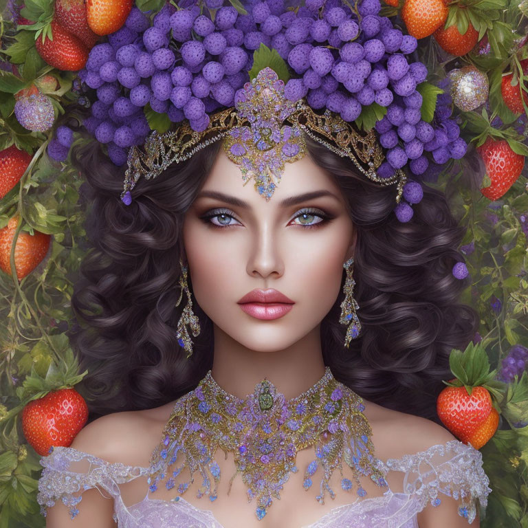 Digital portrait of woman with curly hair, grape and strawberry crown, and intricate jewelry