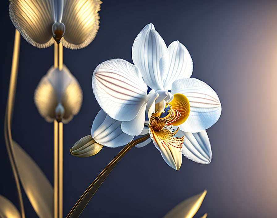 White and Gold Digital Orchid Close-Up on Dark Background