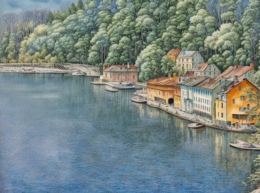 Tranquil riverside scene with houses, bridge, and boats