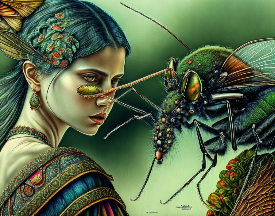 Surreal insect-themed woman illustration with vibrant colors