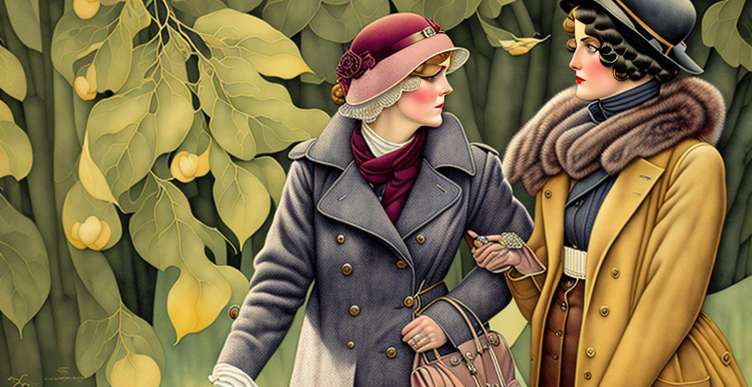 Vintage Clothing: Stylish Women Amid Green Leaves and Yellow Fruits