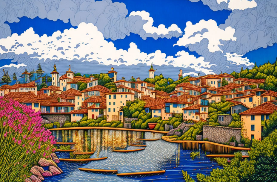 Colorful lakeside village painting with boats and greenery