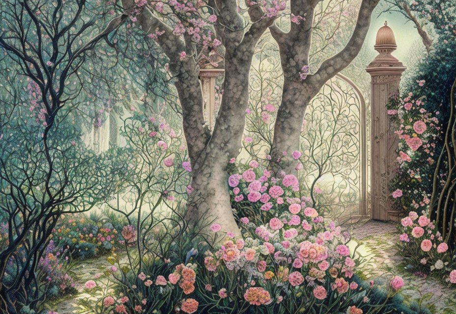 Enchanting garden with blooming flowers and decorative gate