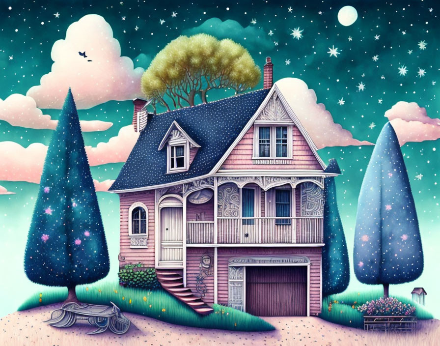 Victorian-style house illustration under starry sky with trees and garden