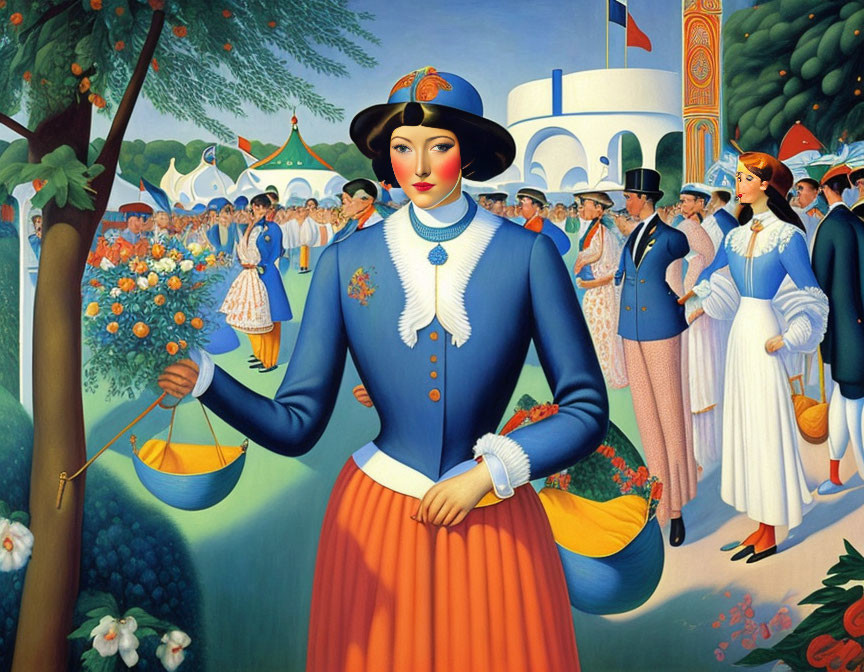 Colorful painting of woman with scale in outdoor scene