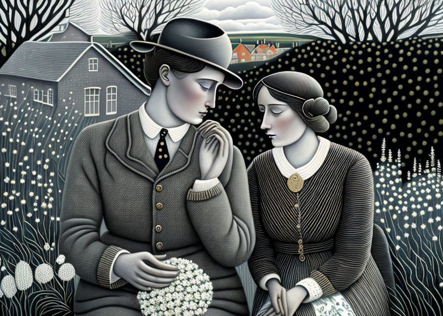 Vintage man and woman illustration in serene setting