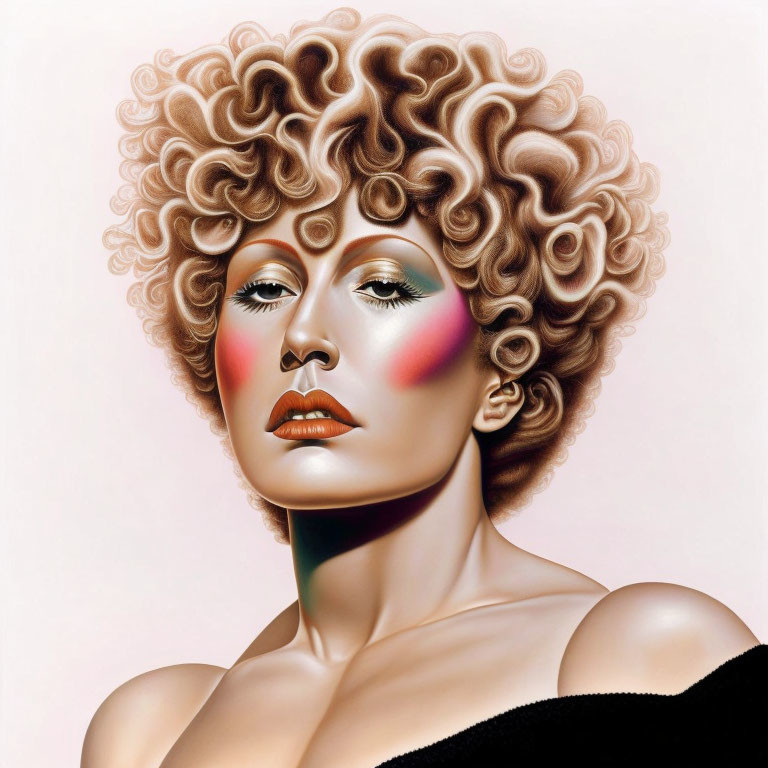 Hyper-realistic illustration of woman with voluminous curly hair and pink blush makeup.