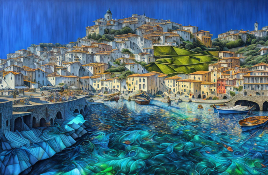 Coastal Village Painting with Terraced Houses, Blue Sea, Boats, and Green Hills