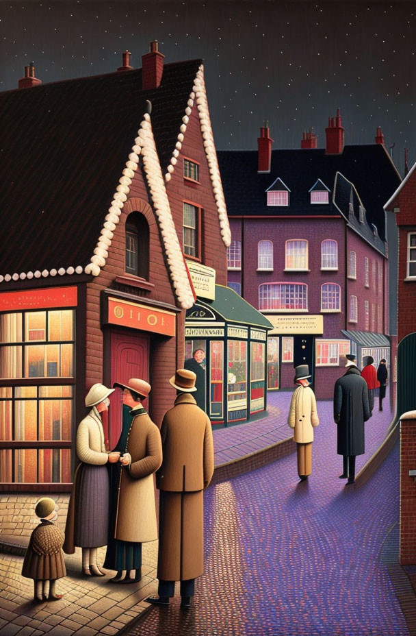 Vintage-style illustration of people in coats on quaint street with lit-up shops at nighttime