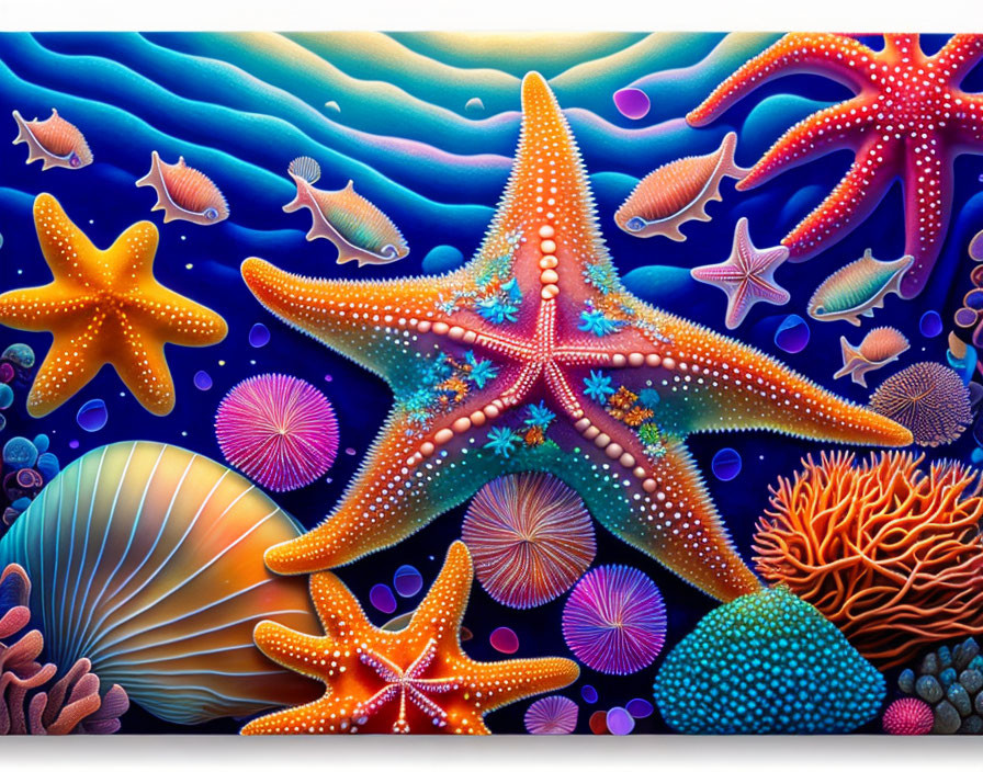 Vibrant underwater scene with starfish, shells, and coral on blue backdrop