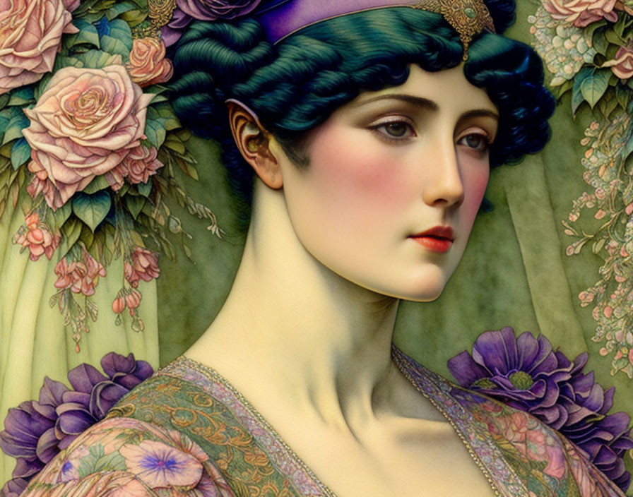 Portrait of a woman with blue headband and pastel roses, wearing purple garment