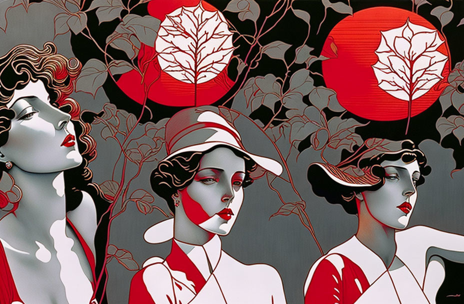 Stylized women with pale skin and red accents in grayscale foliage backdrop