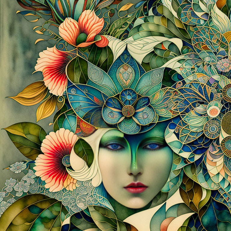 Colorful floral patterns surround serene woman's face.