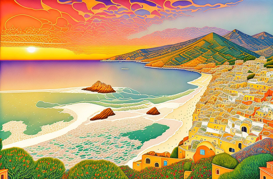 Colorful Mediterranean Coastal Village Sunset Artwork