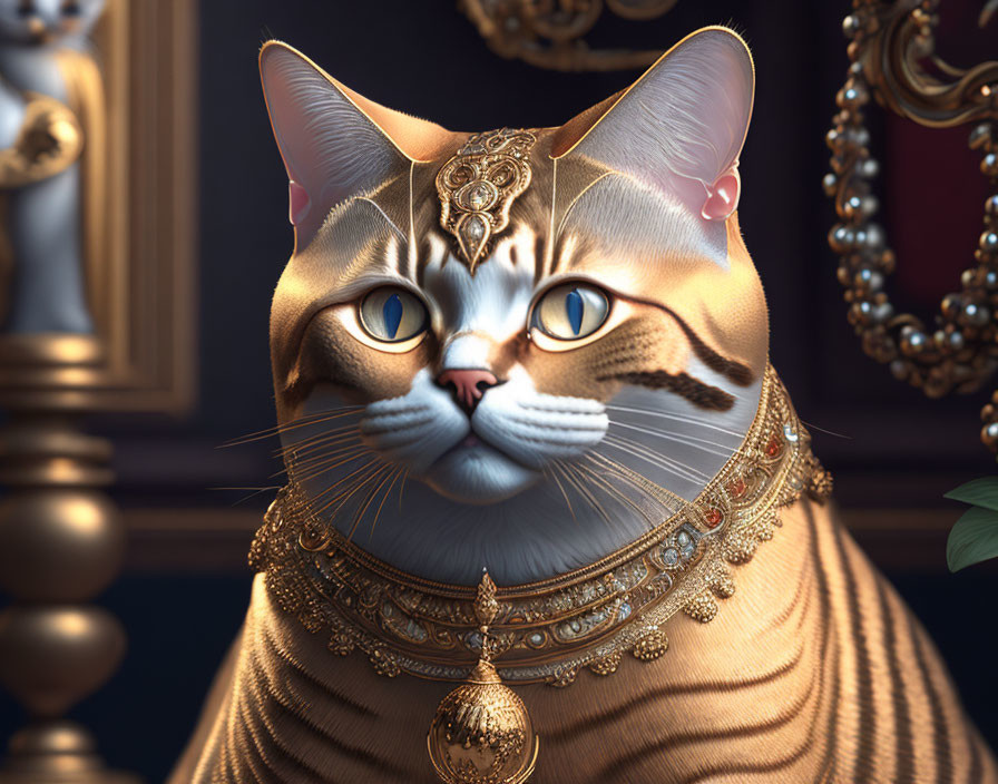 Regal Cat with Blue Eyes and Golden Jewelry on Dark Background