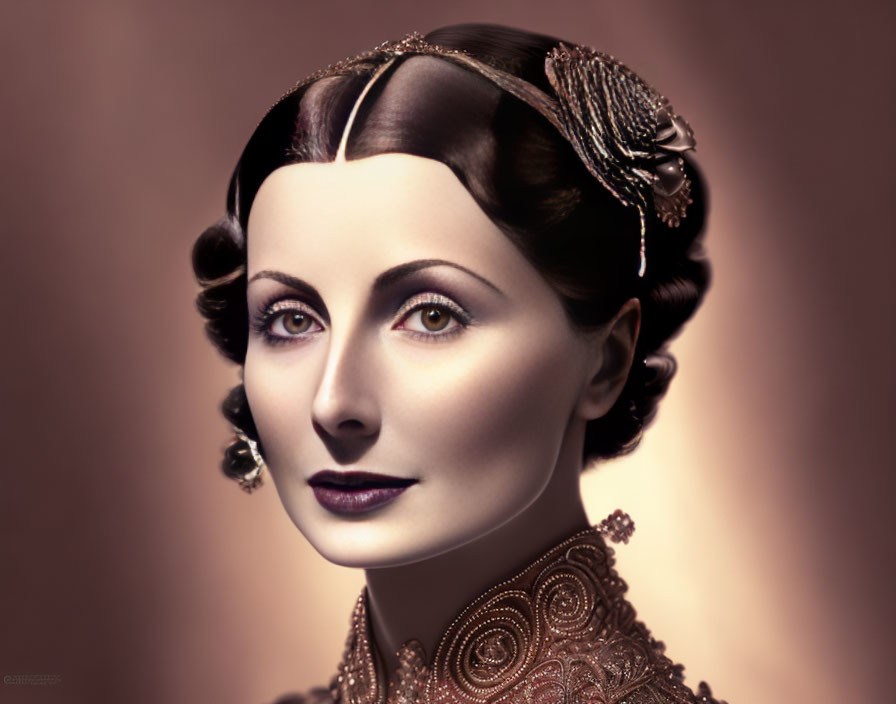 Vintage-inspired portrait of a woman with jeweled accessories on sepia background